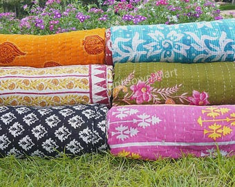 Cotton kantha bedspread reversible quilted coverlet decorative bed sheet sofa couch cover
