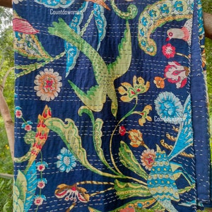 Couvre-lit en coton Kantha imprimé paon, motif floral, ethnique, bohème, hippie, fait à la main, cadeau pour elle