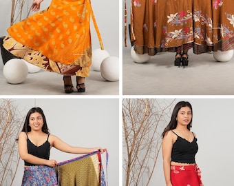 Pode incluir: Uma coleção de quatro saias transpassadas com vários padrões e cores, incluindo laranja com paisley, castanho com estampados florais, azul com desenhos geométricos e florais, e vermelho sólido com motivos florais brancos, todas com laço.
