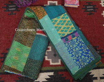 Bohemian silk kantha quilt handmade patchwork throw cotton bed cover vintage picnic rug gifts blanket