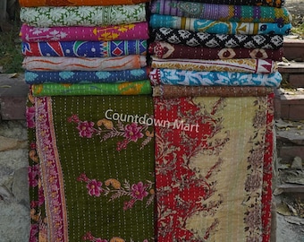 Vintage Kantha Quilt, Indian Sari Quilt Kantha Throw Blanket, Antique Kantha Twin Bedspread Bedding, Boho Kantha Quilts
