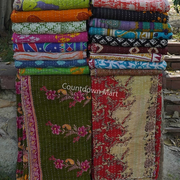 Vintage Kantha Quilt, Indian Sari Quilt Kantha Throw Blanket, Antique Kantha Twin Bedspread Bedding, Boho Kantha Quilts