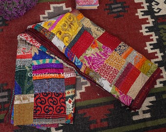 Indian handmade patchwork quilt silk kantha throw vintage bedspread cotton comforter