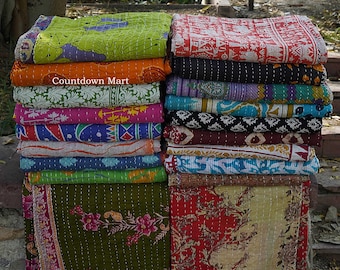 Indyjski vintage Sari Kantha narzuta z bawełny z recyklingu, dwustronny pokrowiec na sofę, zestaw pościeli boho, prezent na parapetówkę