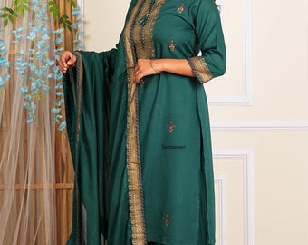 Beautiful Green Kurta Pant Dupatta Set Indian Women Embroidered Salwar Kameez Readymade Indian Festival Wear Kurti Pant Set.