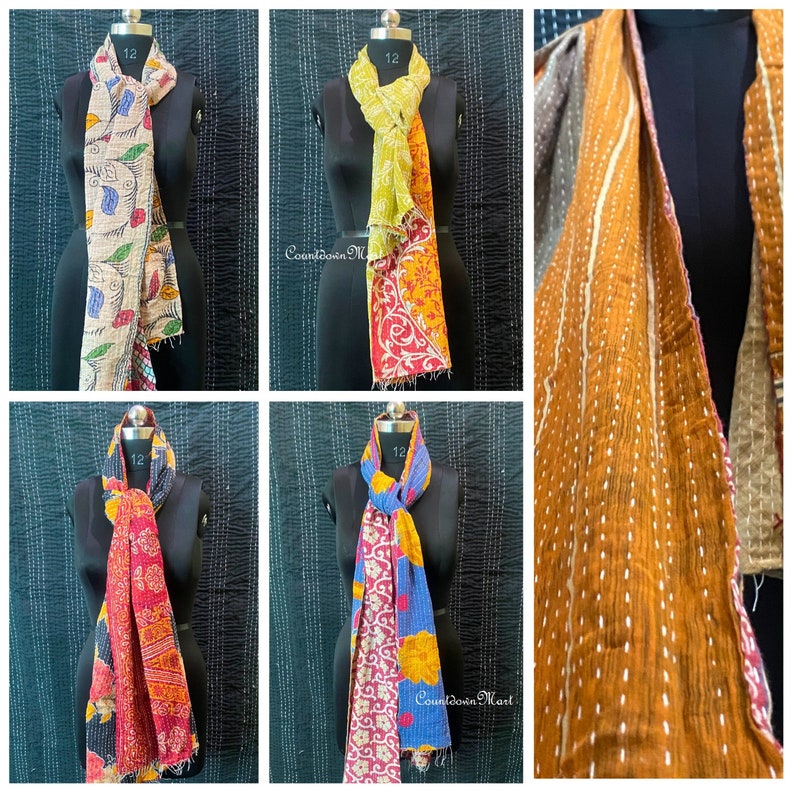 May include: Five different colorful kantha scarves with various patterns and colors. The scarves are made of recycled saris and are perfect for adding a touch of bohemian style to any outfit.