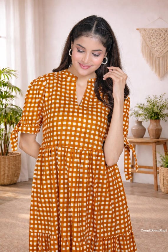 Mustard Check Cotton Tiered Maxi Dress | Handmade Gingham Dress for Women
