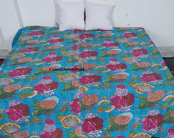 Indian bedspread cotton kantha quilt floral handmade comforter boho bed cover lightweight blanket