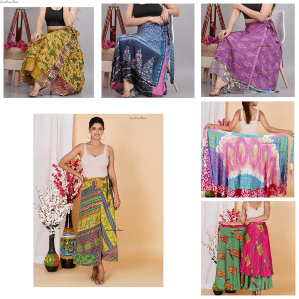 Long Skirt for Women Wholesale Lots of Silk Sari Wrap Skirt Double Layer Reversible Skirt Travel Skirt Beach Skirt Gift For Her