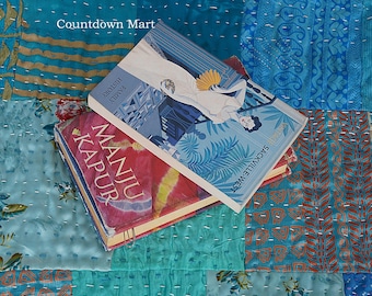 Beautiful silk patchwork kantha quilt handcrafted twin bedding vintage patch cotton blanket