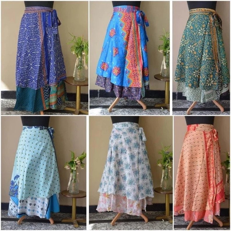 Reversible Boho Wrap Skirts For Women - 2-Layer Long Sari Skirts, Pack Of 5 Assorted Prints - View #5