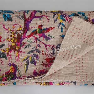 Indian Handmade Bird Print Kantha Bedspread Twin Queen Size Cotton Throw Blanket Bed Cover Quilting Boho Bedding Quilted Bohemian Gudari