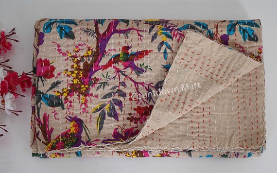 Indian Handmade Bird Print Kantha Bedspread Twin Queen Size Cotton Throw Blanket Bed Cover Quilting Boho Bedding Quilted Bohemian Gudari