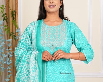 インドのクルティ セット、女性用エスニック ボリウッド ドレス デザイナー クルティ パンツ、ドゥパッタ付きインド ドレス コットン ストレート クルティ セット、女性用クルティ。
