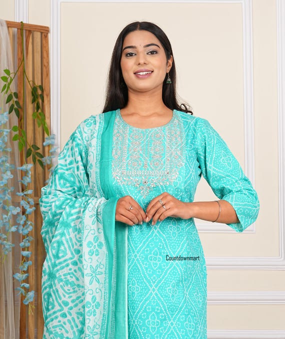 Indian Kurti Set Women Ethnic Bollywood Dress Designer Kurti Pant With Dupatta Indian Dress Cotton Straight Kurti Set Women Kurtis.