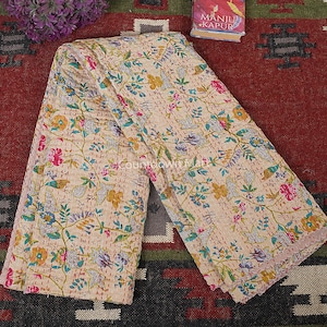 Handmade Floral Print Kantha Quilt Pure Cotton Kantha Throw Blanket Bedspread Coverlet Kantha Bed Cover Boho Quilt 108X90&quot;