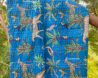 Imprimé animal bloqué à la main Coton Kantha Quilting Literie Jeter Couverture Hippie Twin/King Size Bohème Couvre-lit Bloc Kantha Quilt