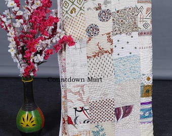 Lot of vintage sari kantha quilt Handcrafted silk patchwork throw traditional floral blanket for gifts