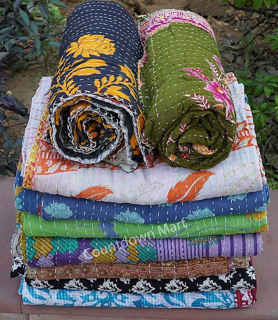 Wholesale Lot of Indian Vintage Cotton Kantha Quilts Handmade Sari Kantha Throw Blankets Sun Dance Beautiful Bohemian Bedding Blankets