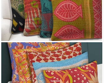 May include: A set of six colorful kantha throw pillows with various floral and geometric patterns. The pillows are made of recycled saris and are perfect for adding a touch of bohemian style to your home decor.