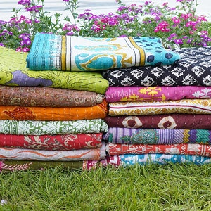 Indian kantha quilt, vintage throw blanket, reversible bed cover size 85"X55" inch