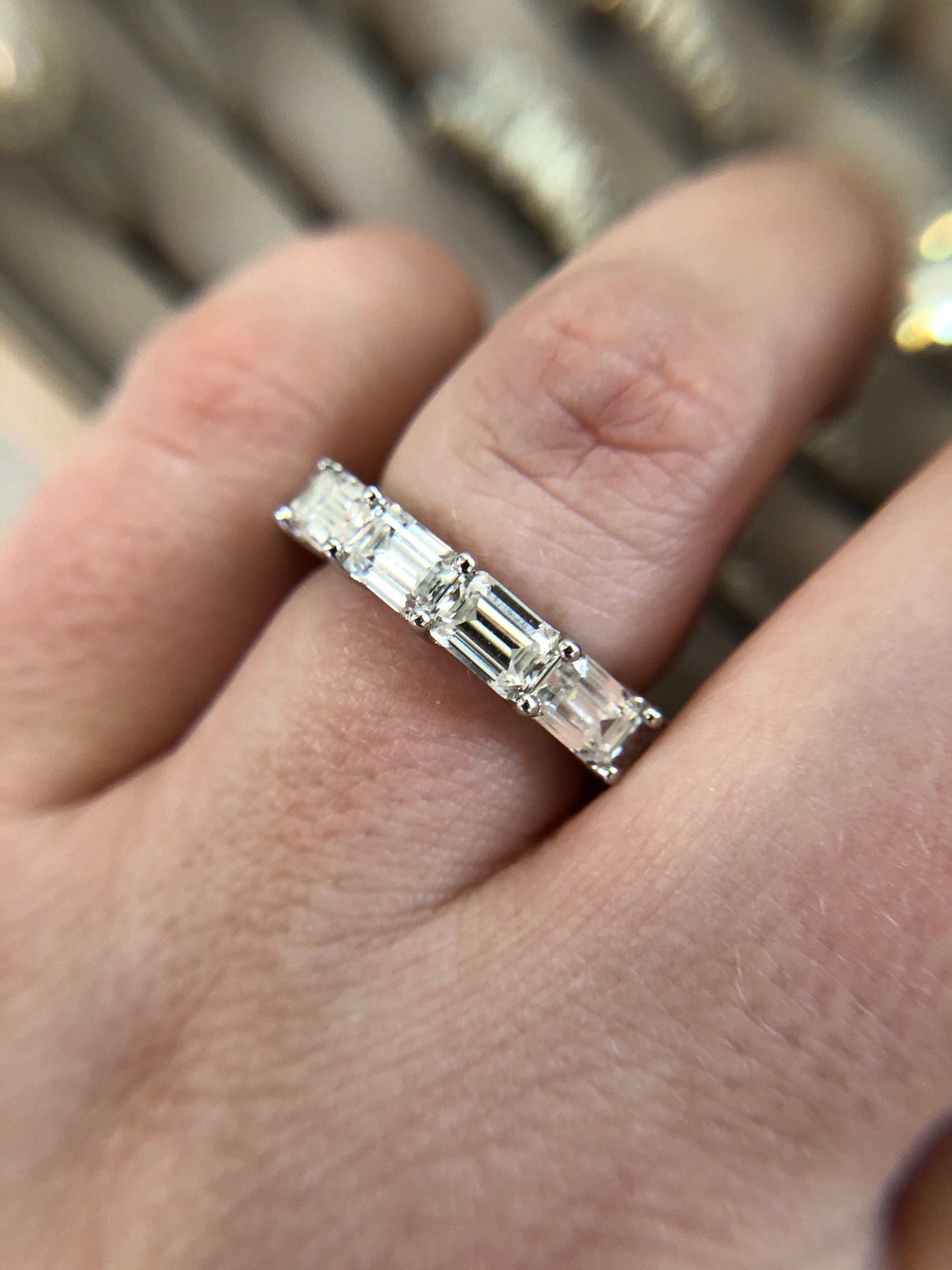 Moissanite eternity band emerald cut ring moissanite wedding Etsy