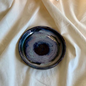 Handmade Ceramic Small Plate in Black and Purple, Jewelry Trinket Dish