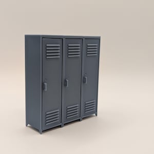 May include: Three grey metal lockers with horizontal vent details on the doors. The lockers have small handles and are standing upright. The background is a solid, neutral colour.