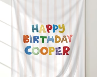 Happy Birthday Banner, Colorful Patchwork Kids Happy Birthday Backdrop, Custom Name Sign for Birthday, Personalized Kids Name Birthday Sign