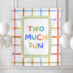 May include: A white banner with a colorful plaid pattern and the words "TWO MUCH FUN" in rainbow colors. White balloons are arranged around the banner, creating a festive atmosphere.