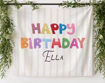 Happy Birthday Banner Kids Birthday Backdrop, Patchwork Happy Birthday Banner, Custom Name Sign for First Birthday, Rainbow Colored Birthday