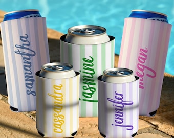 Beach Bachelorette Can Cooler, Bridesmaid Proposal, Striped Matching Bridesmaid Drink Sleeves, Coastal Bachelorette Favor, Bach Club Sleeve