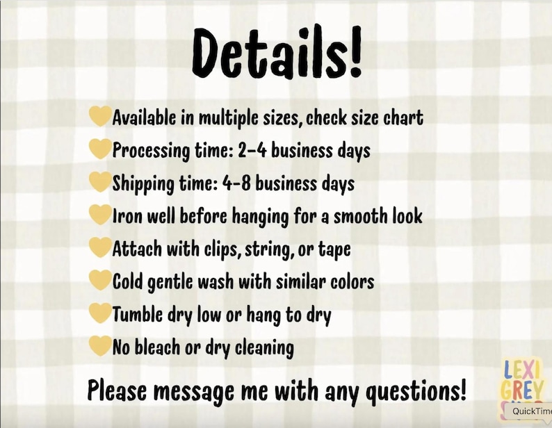 May include: A white and beige checkered background with the word "Details!" in black. The text provides product information, including care instructions and how to attach the product. The text also includes the brand name "LEXI GREY".