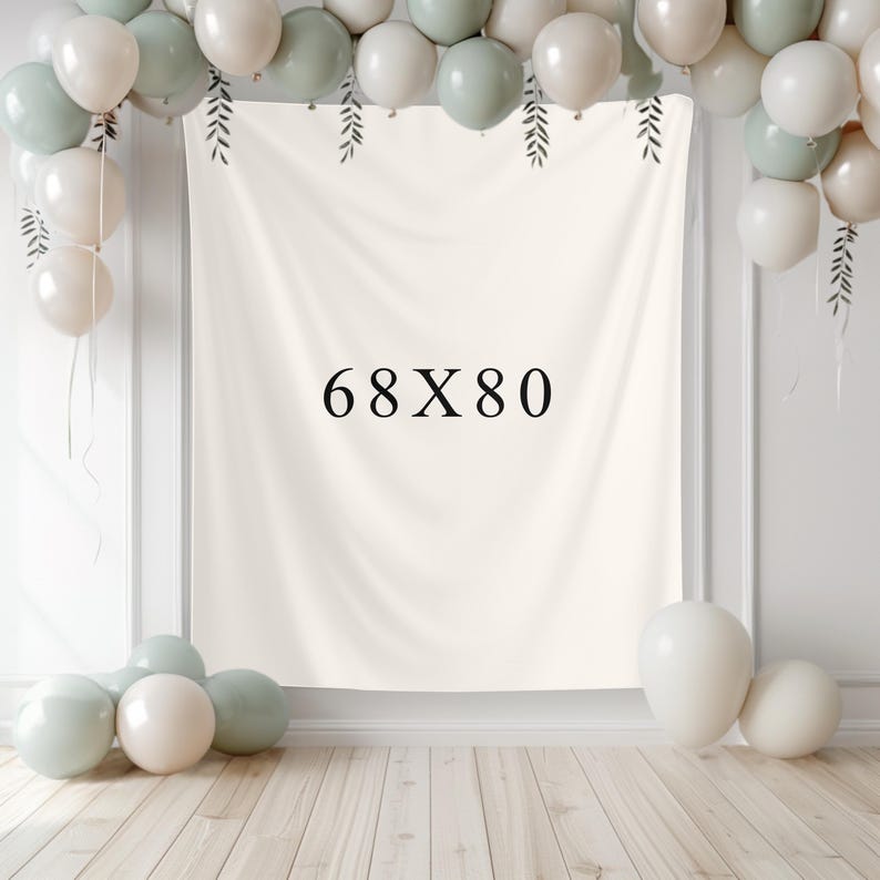 May include: A cream-colored backdrop with the text "68X80" in black. The backdrop is decorated with green and white balloons and hanging leaf designs. The backdrop measures 68 inches by 80 inches.