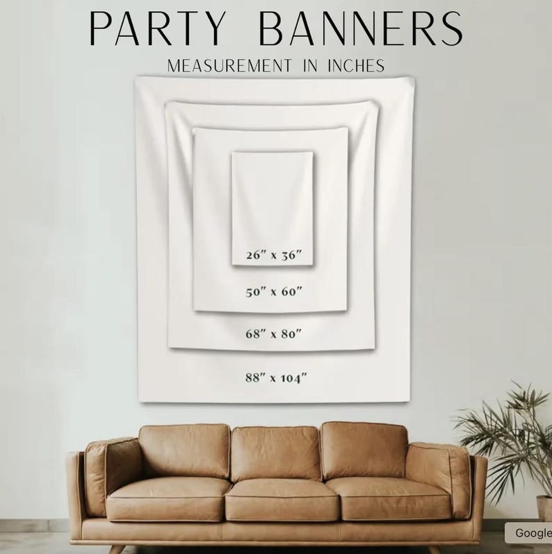May include: White party banners in various sizes are displayed, with measurements in inches: 26" x 36", 50" x 60", 68" x 80", and 88" x 104". The text "PARTY BANNERS" is at the top.