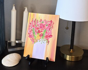 Origineel oranje en roze boeketkunstwerk, 5 x 7 inch bloemen acrylschilderij