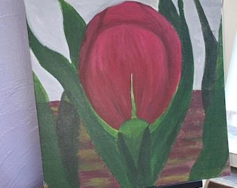 Original akrylmålning med blommig tulpan, 30x30 cm konst
