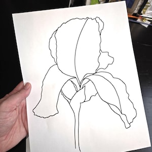 May include: A black line drawing of an iris flower on white paper. The flower's petals and stem are outlined in black, creating a simple, elegant botanical illustration. The paper is held by a hand.