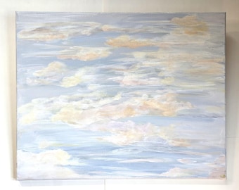 May include: An original painting depicting a sky filled with clouds. The artwork features a light blue background with soft, white, and peach-coloured clouds. The painting is on a rectangular canvas.