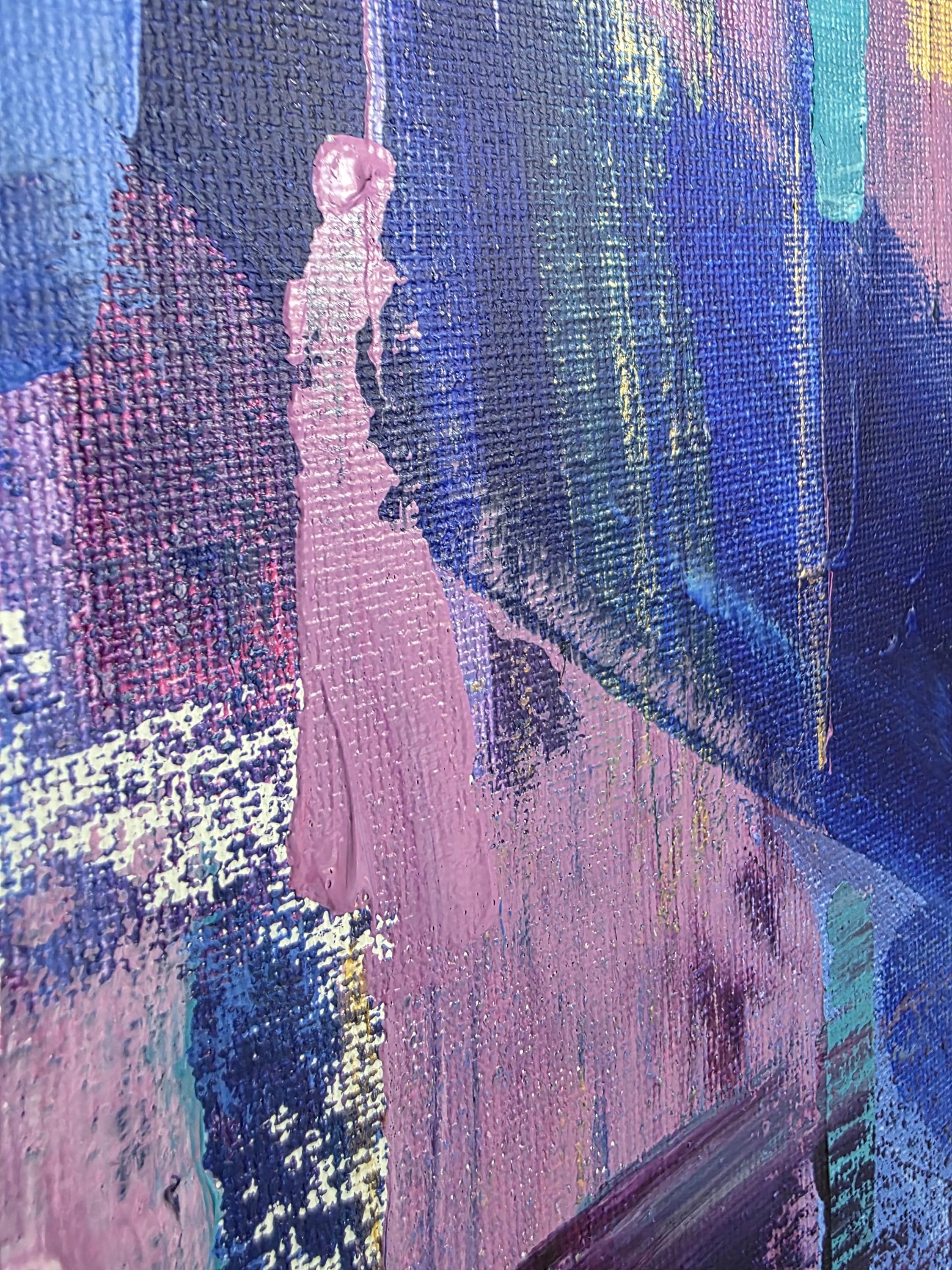 オリジナル抽象アクリル画：静かな青、紫、金のアート（12インチ×16