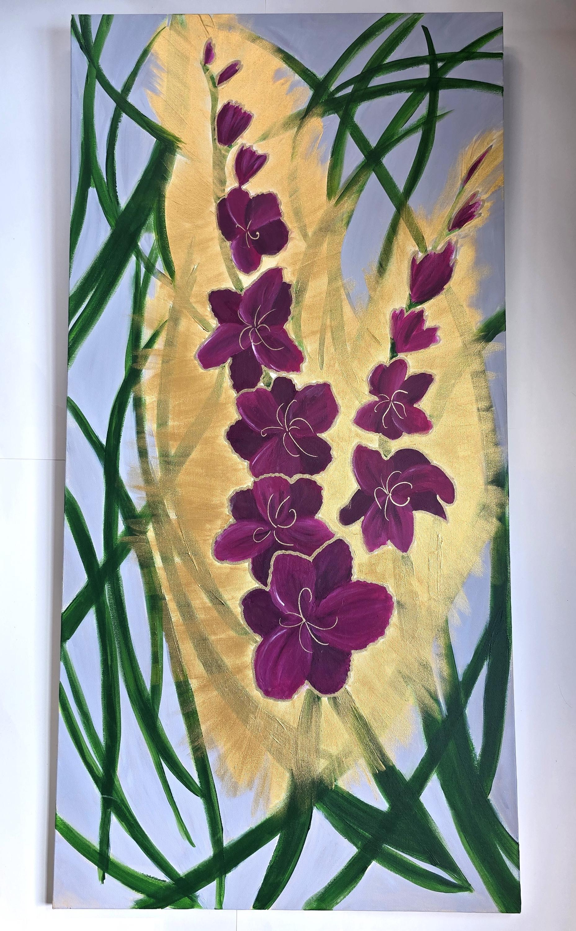 大きな金色のグラジオラスの花の絵画：風変わりなアクリル画、24インチ