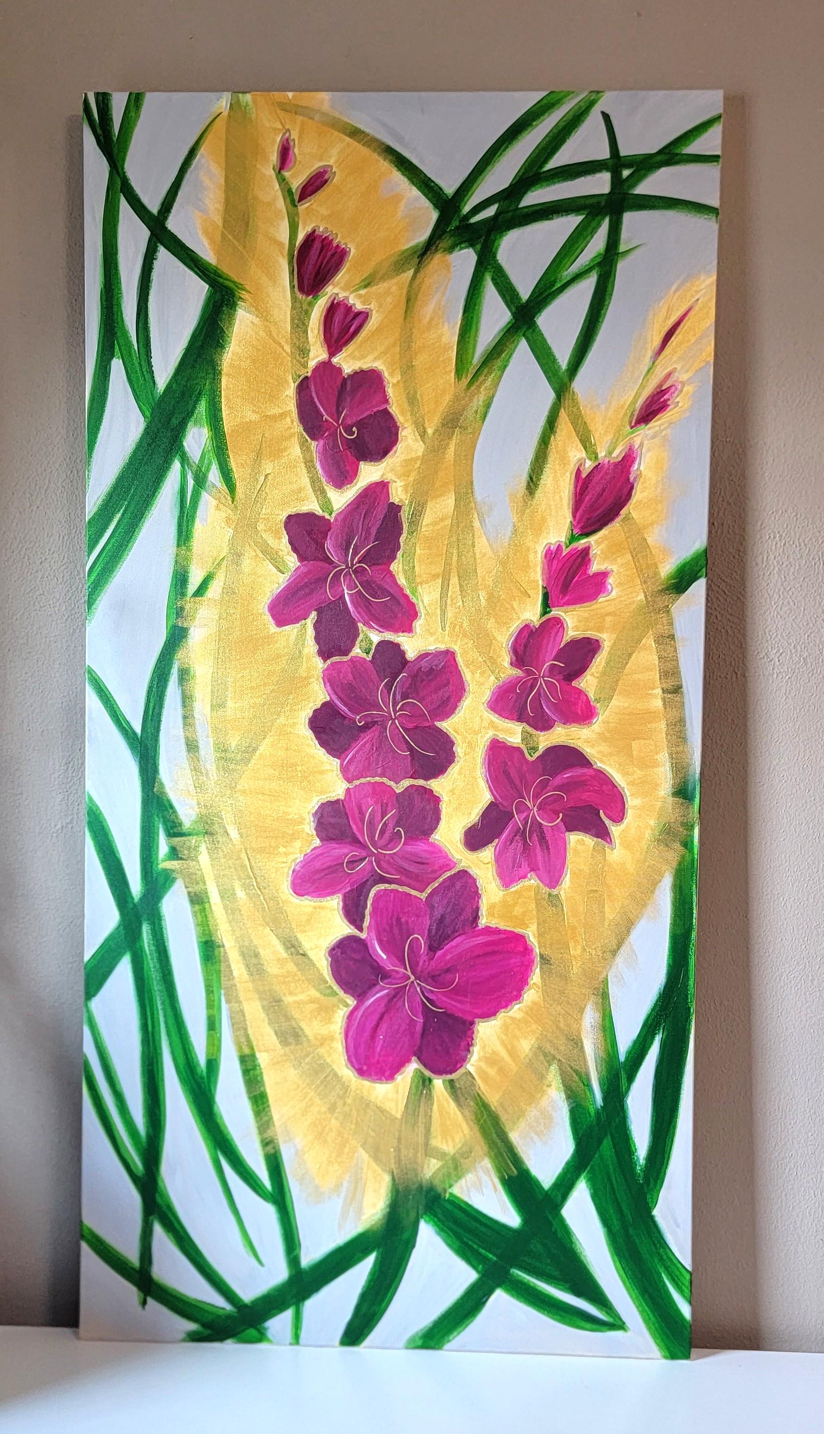 大きな金色のグラジオラスの花の絵画：風変わりなアクリル画、24インチ