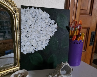 Origineel bloemenkunstwerk, "Stemmende Hortensia" 8x10 acrylverfschilderij
