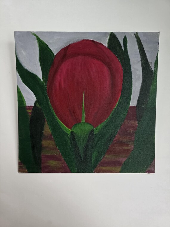 オリジナル花柄チューリップアクリル絵画、12インチ×12インチの