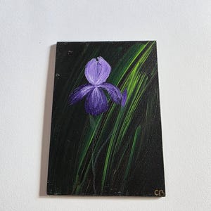 Small Abstract Purple Iris Acrylic Painting, 5&quot;x7&quot; Original Floral Art
