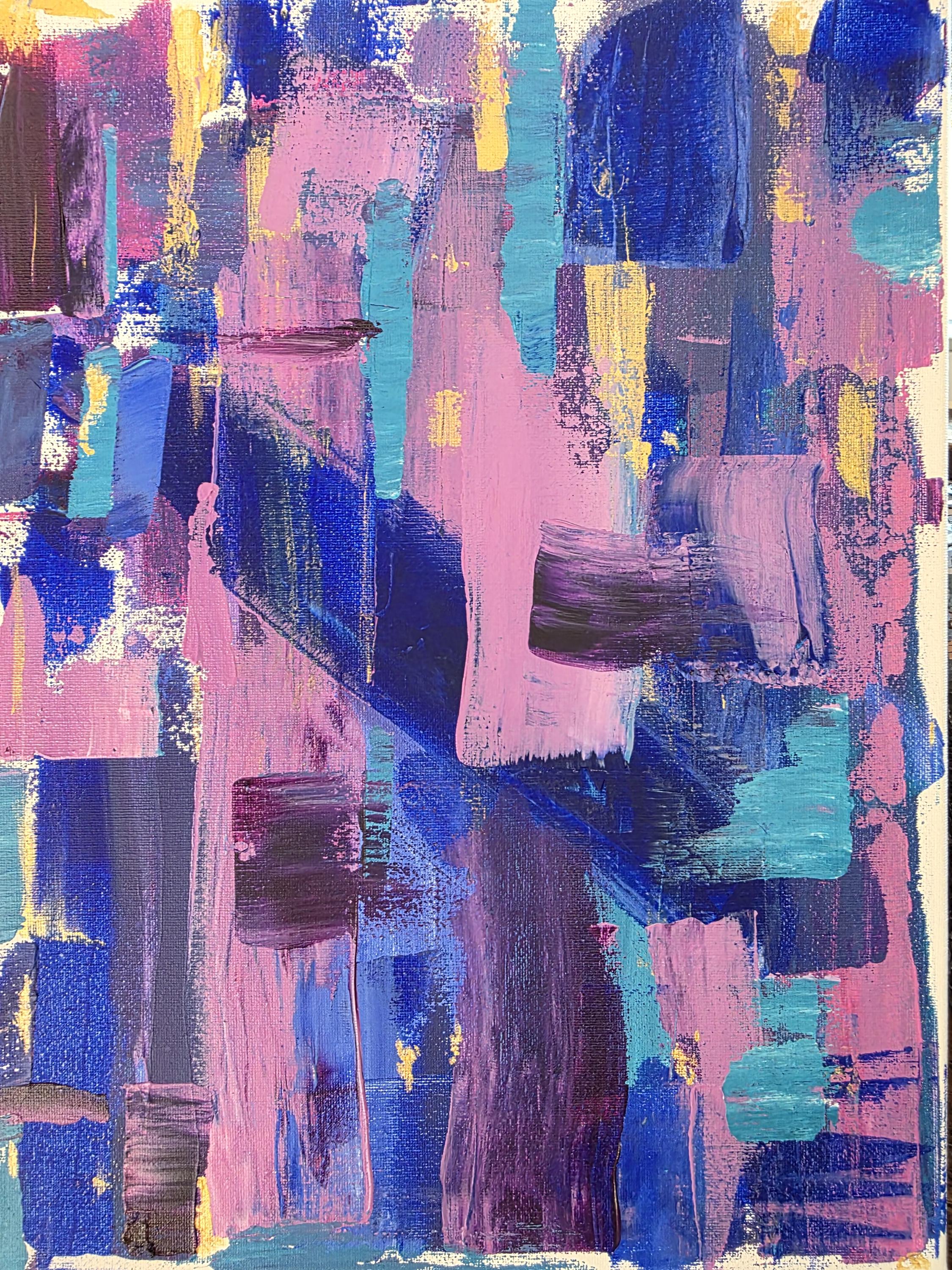 抽象アクリル画 黒白紫金 オリジナル抽象アクリル画：静かな青、紫、金のアート（12インチ×16