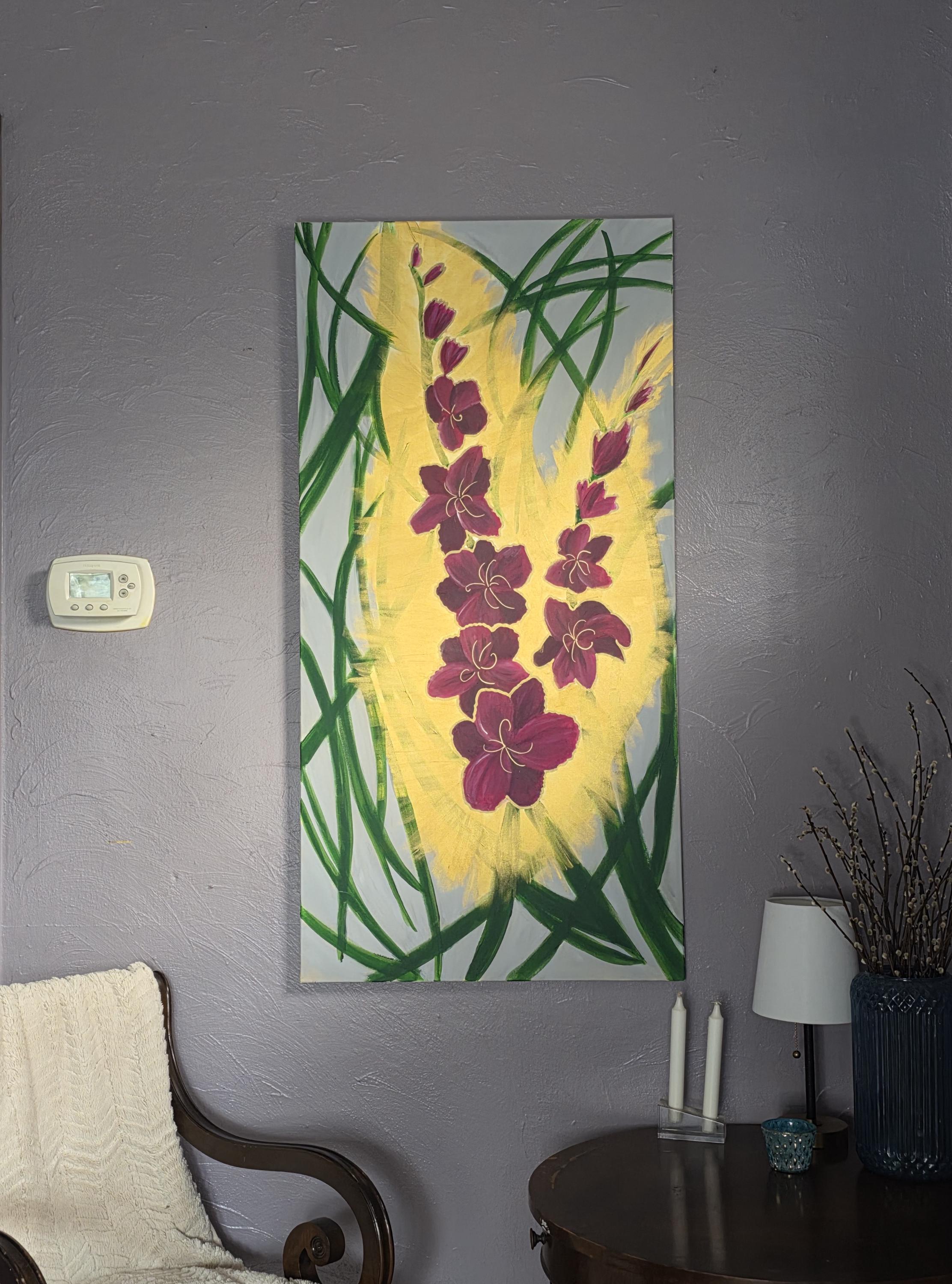 大きな金色のグラジオラスの花の絵画：風変わりなアクリル画、24インチ