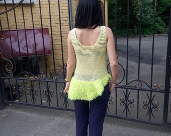 Dress Light green knit / Boho style dress / Sheer cotton and linen jersey / Beach dress faux fur / Short women dress