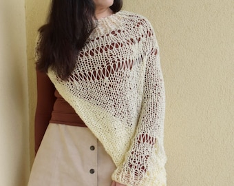 Ivory Lightweight Throw / Essential Loose Bolero / Ivory Loose Knit / Hand Knit Sheer Bolero. Beige shrug