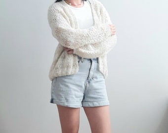 White short cardigan for women/ Bomber jacket / chunky knit sweater / hand knit / women's sweater / wool jacket / cardigan / puff sleeve